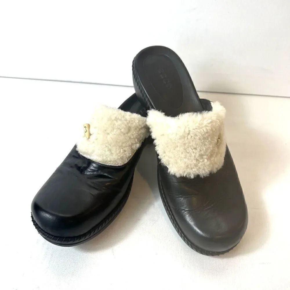 ECCO Women's Black Leather Comfort Mules Clogs Heels Size EU 38 US 7.5 Faux Fur